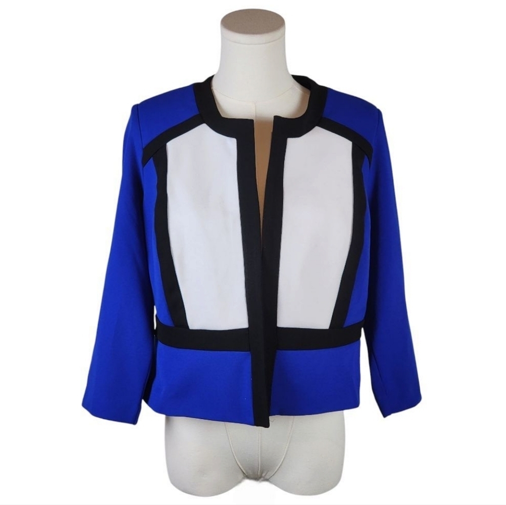 Vintage Nicolette Colorblock Open Front Jacket Blazer Size 6 Royal Blue, White